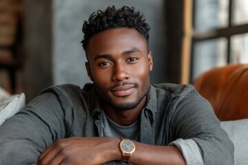 Portrait of a young handsome African-American man sitting on the sofa at home with his hands folded together, looking at the camera with a smile, representing calm and satisfaction, Generative AI