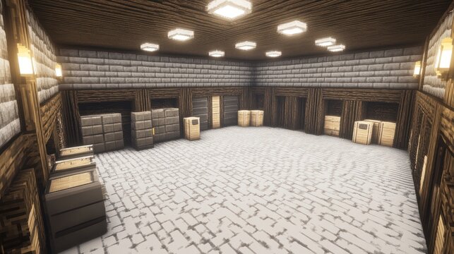 Minecraft Interior Design: Warehouse Storage Room with Stone Walls and Wooden Accents in Virtual