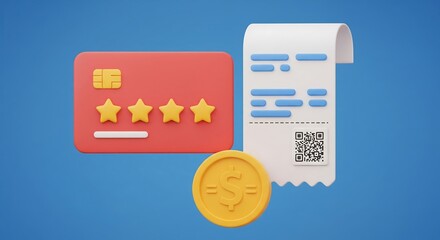 Credit card with customer rating receipt and coin illustrates cashless payment and customer loyalty programs