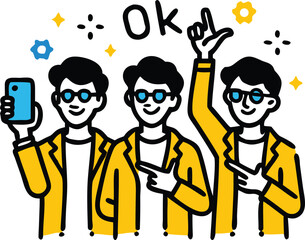 Vector art of three people are celebrating success with ok sign