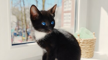 Cute black kitten with blue eyes sitting on windowsill