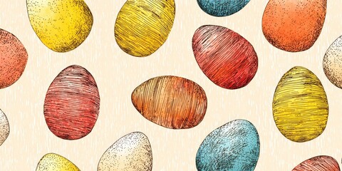 A cheerful pattern of hand-drawn, colorful Easter eggs, with various shades of vibrant hues, creates a joyful and celebratory design.