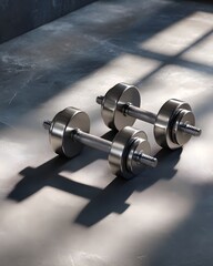 Modern Chrome Dumbbells on Concrete Floor: Home Gym Fitness Equipment