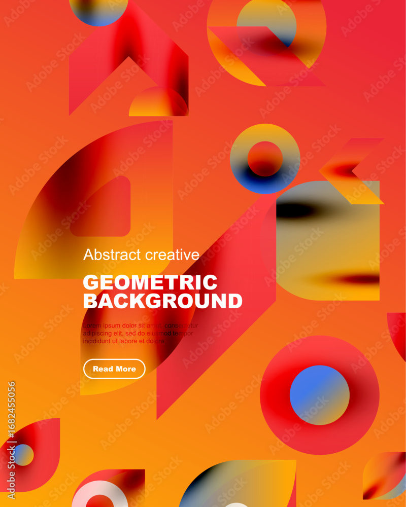 Poster vibrant geometric shapes overlap, creating dynamic orange, red gradients. text promotes creative bac