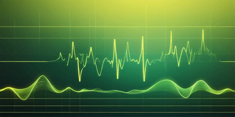 The medical cardiogram screen displays a rhythmic green heartbeat pulse wave