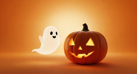 A friendly ghost playfully approaches glowing jack-o'-lantern for Halloween fun