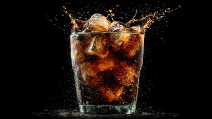 Iced dark soda in glass with splashing ice