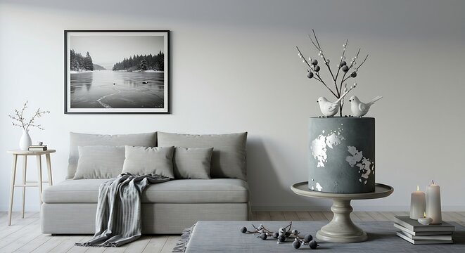Scandinavian-inspired room with light wood furniture and textiles.The cake is a charcoal grey,on a ceramic platter,adorned with silver leaf accents,white sugar birds and a single branch of frosted ber