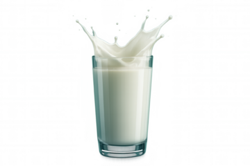 Milk splashing inside transparent glass, forming dynamic white liquid arc with droplets