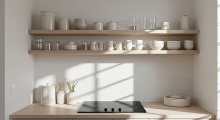 Minimalistic kitchen interior with wooden shelves displaying various ceramics and kitchenware