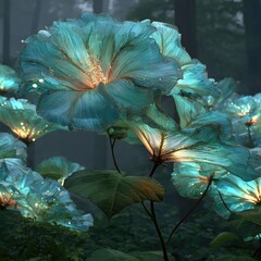 Glowing teal flowers in misty forest