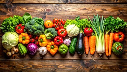 A colorful assortment of fresh vegetables arranged on a rustic wooden surface, creating a vibrant and healthy food display