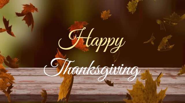 Animation of happy thanksgiving text over leaves