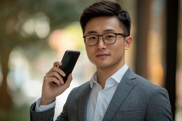 Serious young Asian male lawyer standing near an office building and using a mobile phone, displaying professionalism and confidence in his legal work, Generative AI
