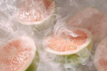 Fototapeta premium Soft Focus of Juicy Pink Grapefruit Slices with Dreamy Smoke Effect