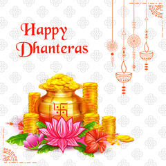 illustration of Gold coin in pot for Dhantera celebration on Happy Dussehra light festival of India background with hindi text meaning Happy Dhanteras 