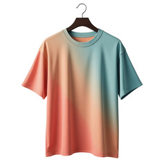 A vibrant, ombre-style t-shirt hangs elegantly against a stark black background, showcasing a smooth, flowing gradient of coral, peach, and teal hues.