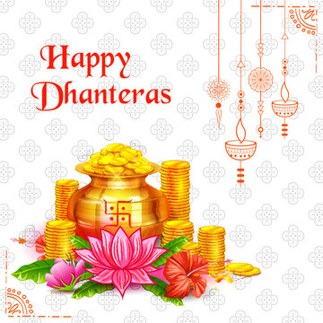 illustration of Gold coin in pot for Dhantera celebration on Happy Dussehra light festival of India background with hindi text meaning Happy Dhanteras 