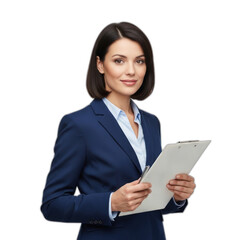 Smiling Professional Businesswoman in Blue Suit Holding Clipboard and Pen. PNG Transparent Icon