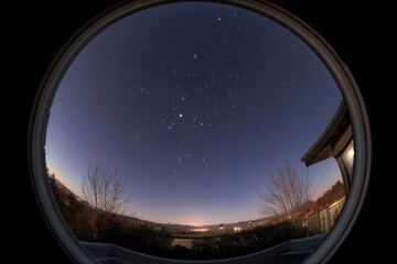 Stargazing through Circular Window with Starry Night Sky View