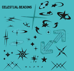 Y2K Aesthetic Symbols and Shapes on Neon Yellow Background. Set of futuristic Y2K-style symbols, arrows, stars, and abstract shapes in black on a neon yellow background. Vector graphic pack