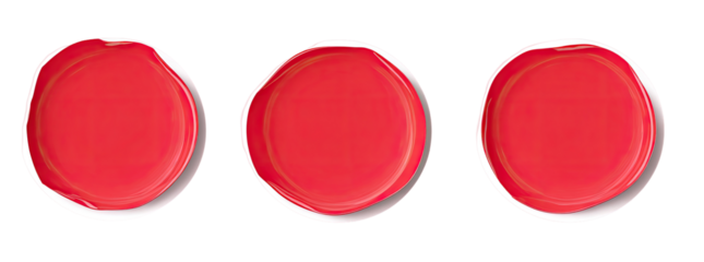 Three round, vibrant, coral-red shapes with a white border