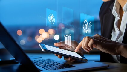 Business professional using tablet with digital icons