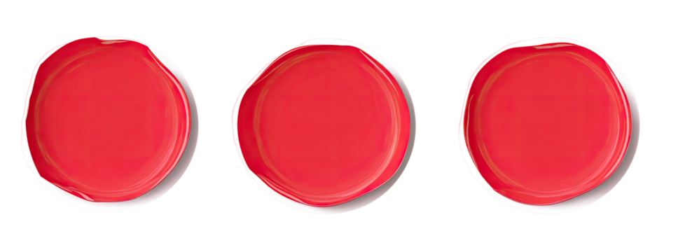 Three round, vibrant, coral-red shapes with a white border