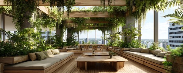 Lush rooftop garden office with open sky ceiling and modular seating desk system