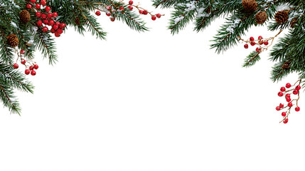 Festive Winter Christmas Evergreen Branches Decorated with Snow and Red Berries Isolated