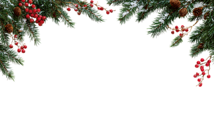 Festive Winter Christmas Evergreen Branches Decorated with Snow and Red Berries Isolated