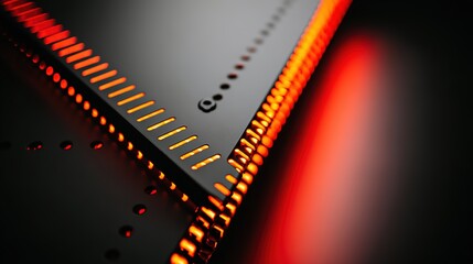 Obraz premium Industrial metal surface with glowing orange edges in a dark workshop, showcasing precise geometric cuts.