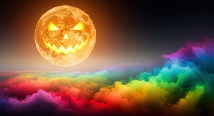 Obraz premium Spooky Halloween pumpkin moon glowing over colorful clouds, perfect for eerie designs