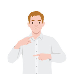 Man in a white shirt making a pointing hand gesture, direction, instruction, or communication. Flat vector illustration isolated on white background