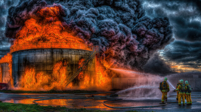 Industrial chemical tank engulfed in flames with thick black smoke, firefighters in protective gear battling the blaze at dusk, highlighting the urgency and danger of the situation.