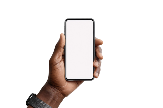 A dark-skinned hand holds a modern smartphone, screen displaying a blank white display