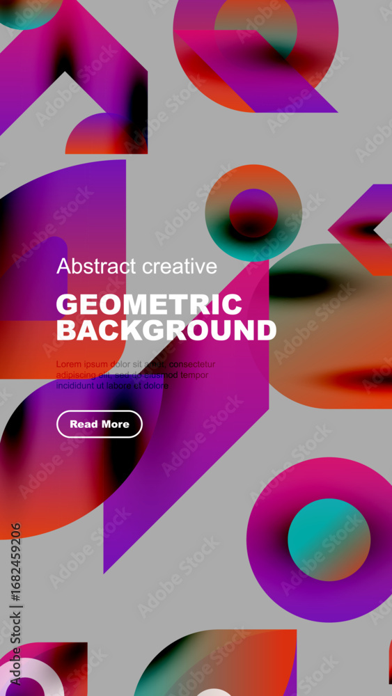 Poster vibrant abstract geometric shapes overlap, creating dynamic colorful background. text promotes furth