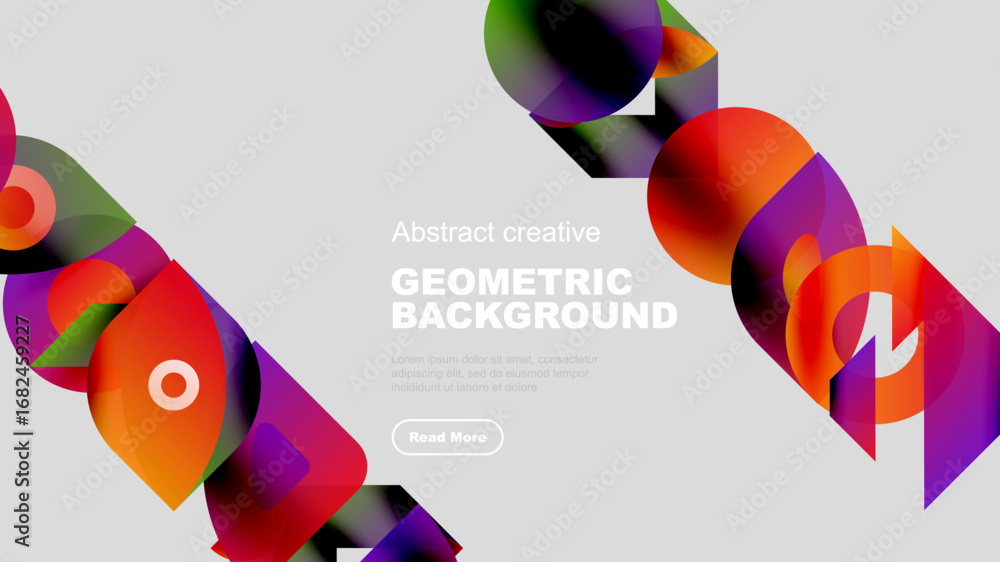Poster vibrant geometric shapes overlap, creating dynamic colorful background. text promotes further explor