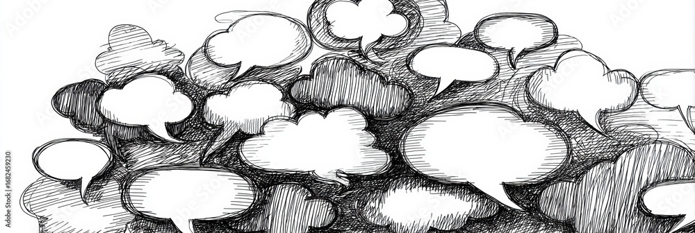 Poster creative sketch of overlapping speech bubbles showcasing various communication styles in a dynamic a