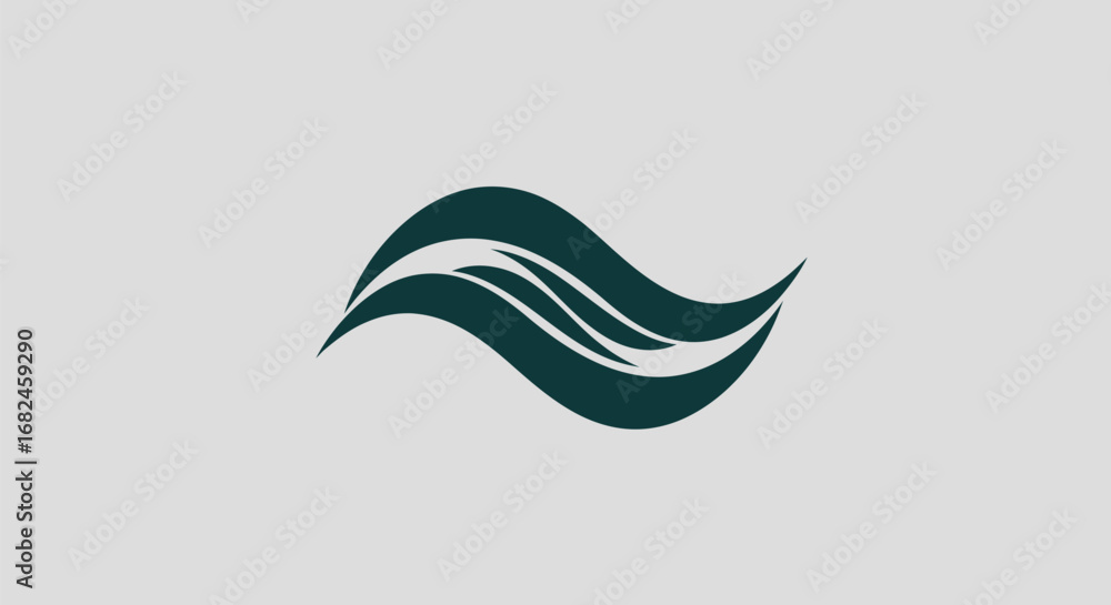 Poster abstract flowing wave shape in dark green and white symbolizing movement and fluidity.