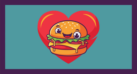 Cute Cartoon Burger with a Happy Face and Melting Cheese.
