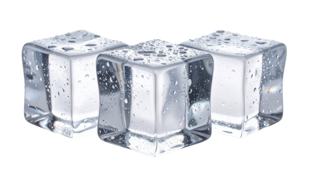 Three clear ice cubes stacked together with visible water droplets, shown in a close-up view. Realistic ice cubes isolated on a clean white background.
