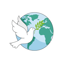 Symbolic White Dove Carrying an Olive Branch in Front of a Globe, Representing Peace, Harmony, and Global Unity for Educational and Awareness Campaigns