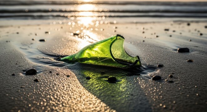Broken green glass bottle on a sandy beach at sunset.