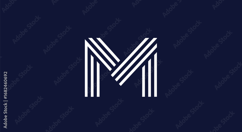 Poster Stylized letter M logo design with parallel lines creating a modern and elegant monogram.
