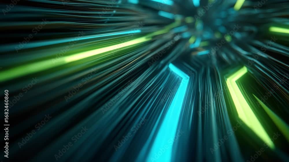 Poster neon-colored light patterns pulse and shift in an abstract display, creating a mesmerizing visual ex