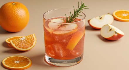 Refreshing Citrus Drink with Apple Slices and Rosemary Garnish on Neutral Background