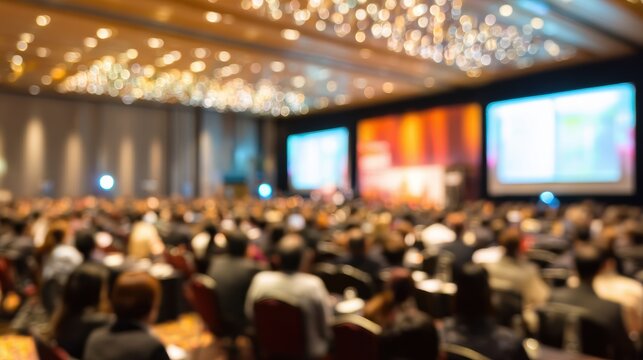 A blurred view of a crowded conference hall with people engaged in discussions and presentations.