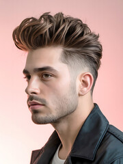 Obraz premium Stylish young man with a modern fade haircut and textured voluminous hair