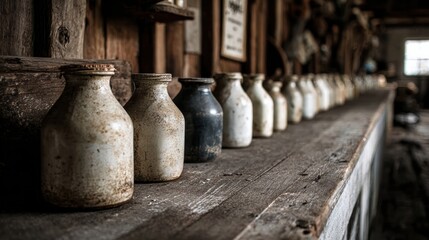 A collection of vintage milk bottles displayed on a rustic wooden shelf, showcasing a nostalgic farmhouse vibe.